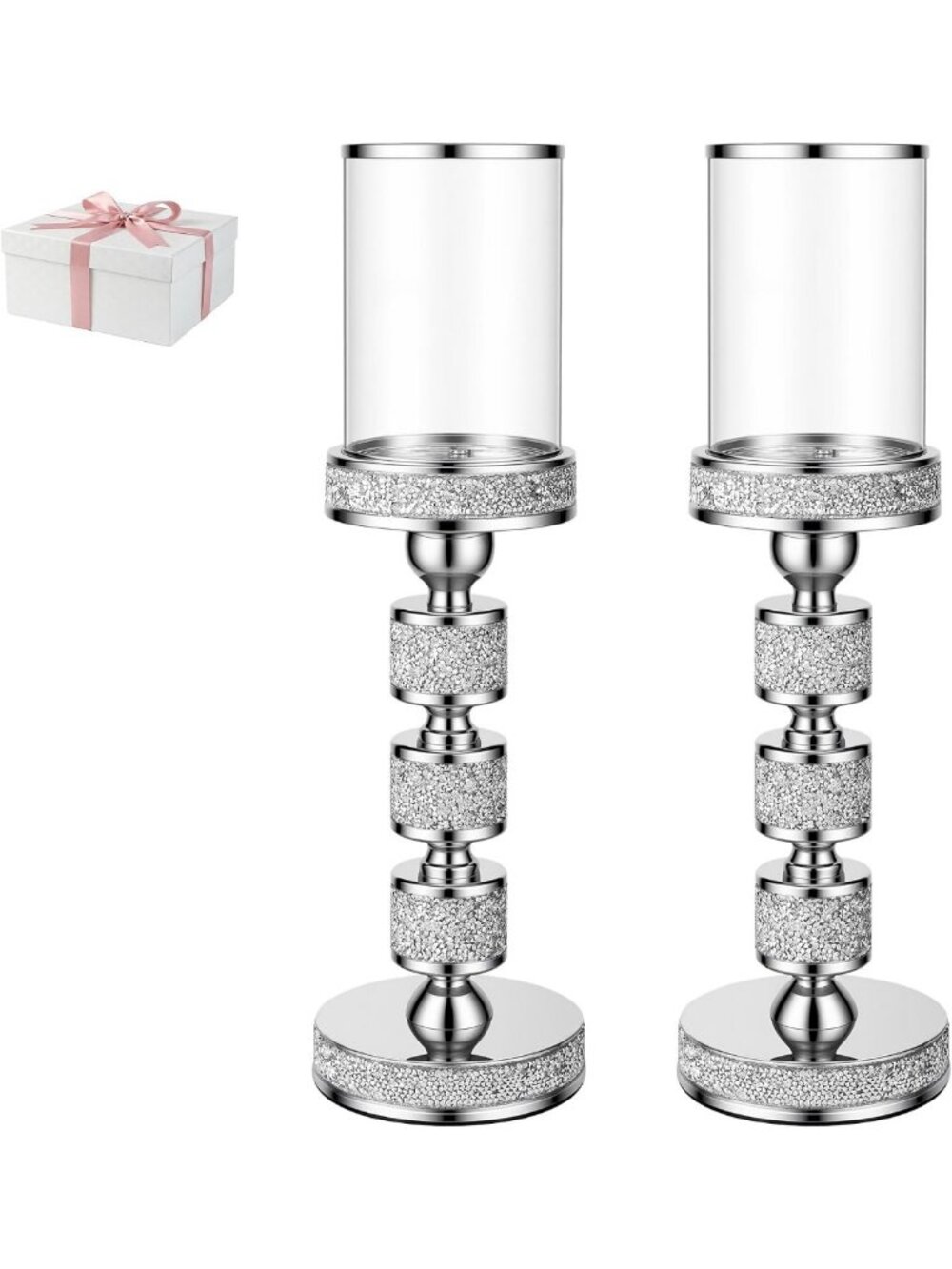 Elegant 15.9" Tall Metal Hurricane Candle Holder with Glass Pillar Stand